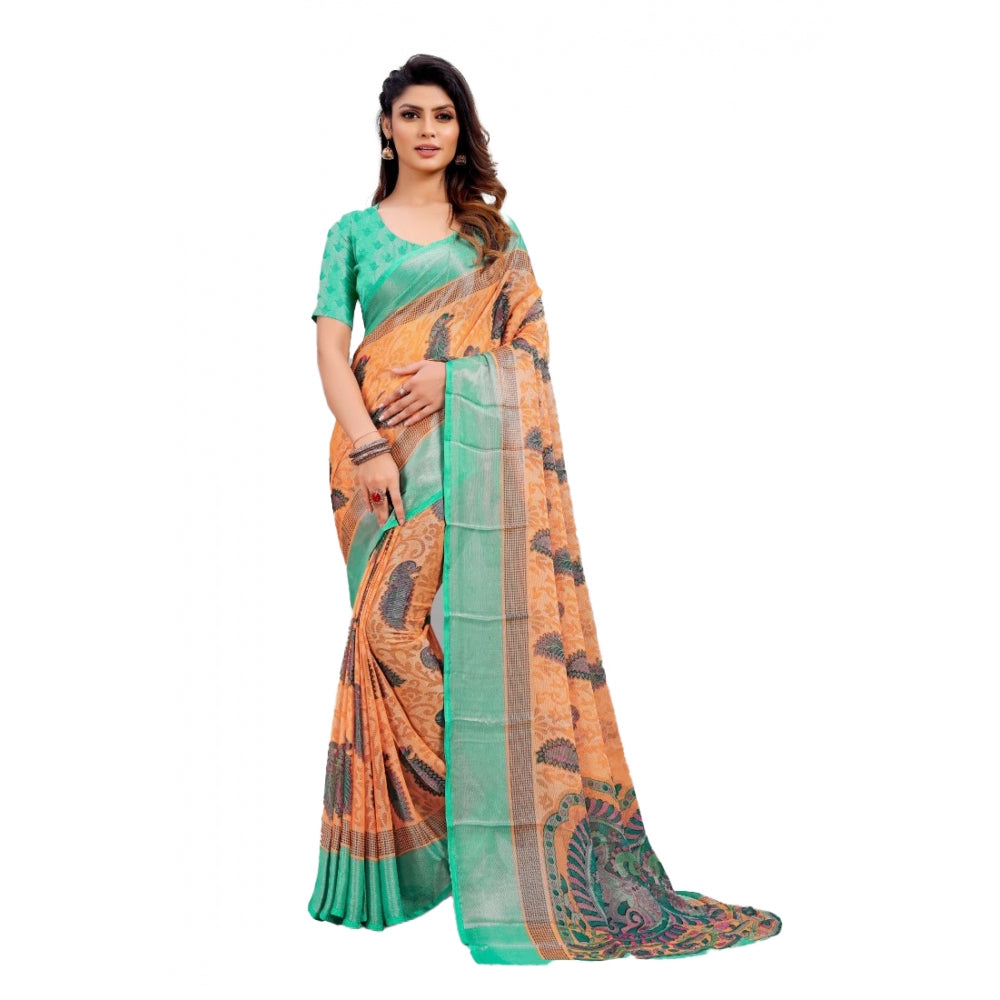 Generic Women's Viscose Rayon Printed Saree With Unstitched Blouse (Orange)