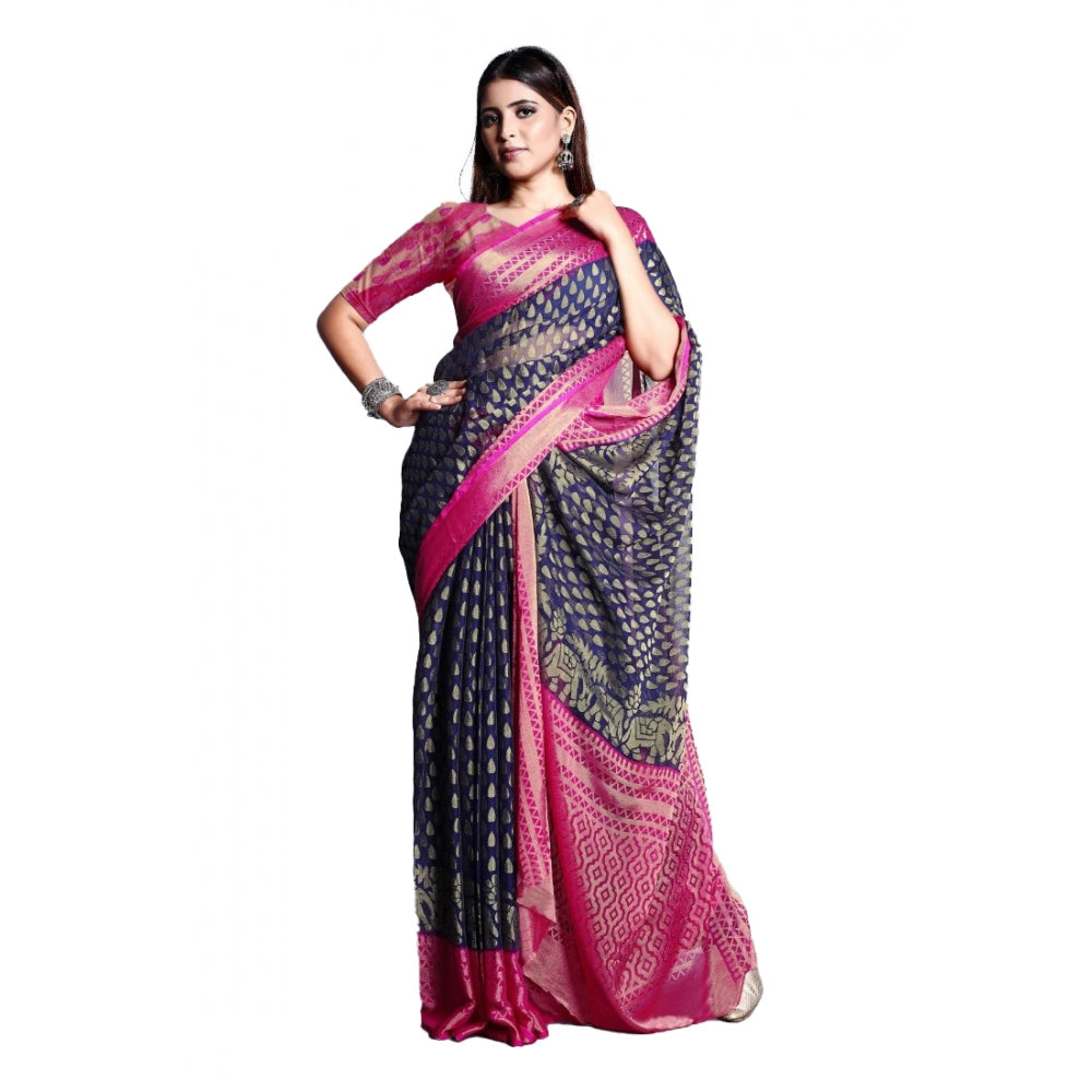 Generic Women's Viscose Rayon Printed Saree With Unstitched Blouse (Navy Blue)