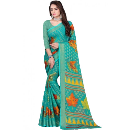 Generic Women's Viscose Rayon Printed Saree With Unstitched Blouse (Teal)