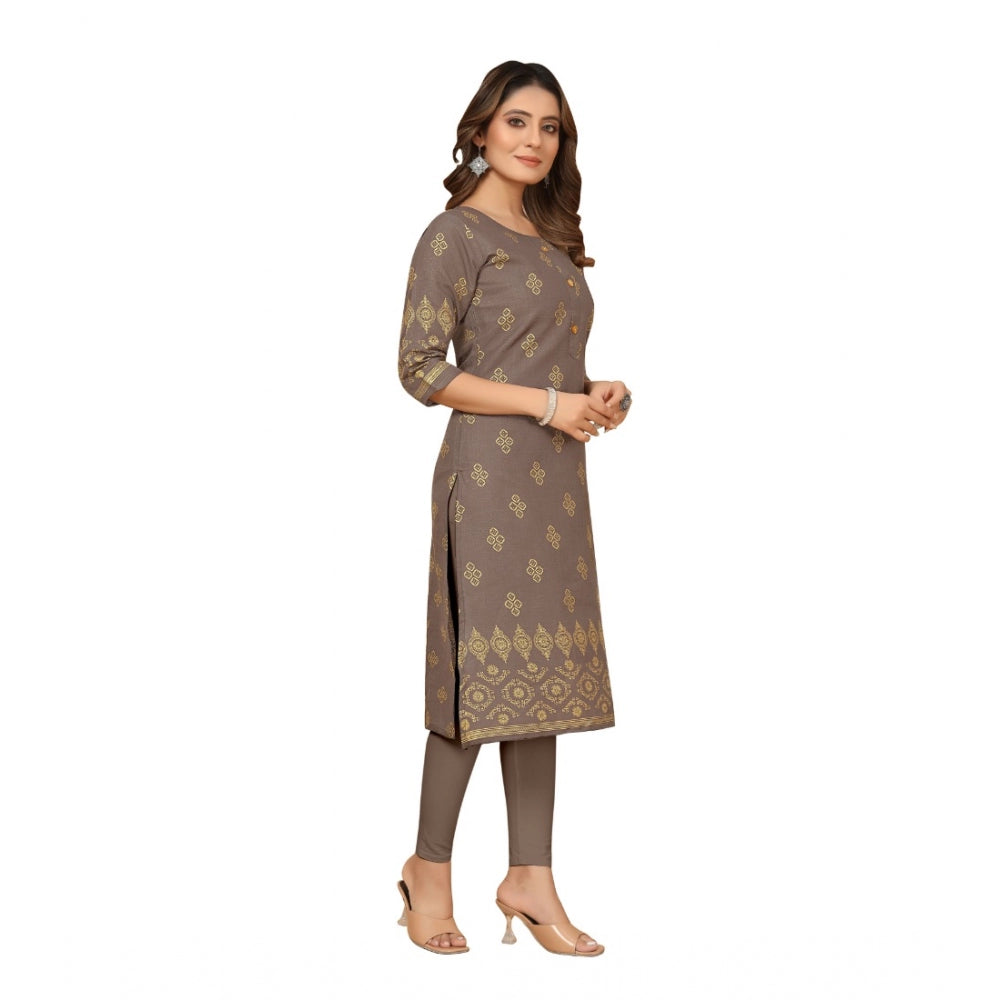 Generic Women's Casual 3/4th Sleeve Foil Gold Printed Ruby Cotton Kurti (Brown)