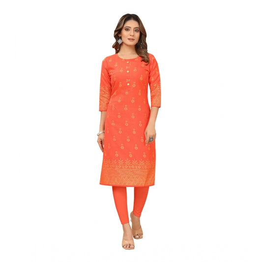 Generic Women's Casual 3/4th Sleeve Foil Gold Printed Ruby Cotton Kurti (Orange)