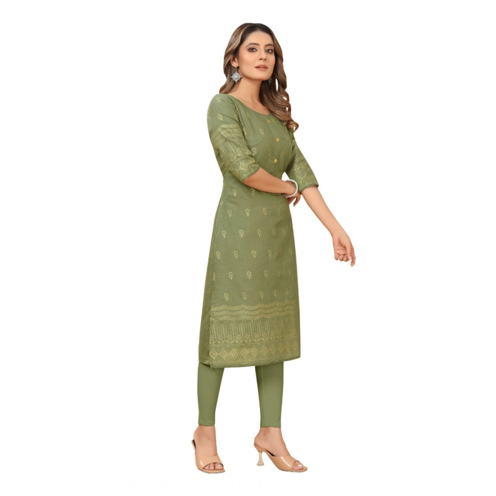 Generic Women's Casual 3/4th Sleeve Foil Gold Printed Ruby Cotton Kurti (Green)