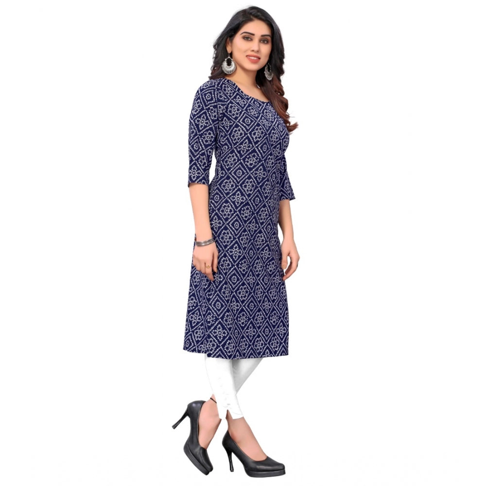 Generic Women's Casual 3/4th Sleeve Bandhani Printed Crepe Kurti (Navy Blue)