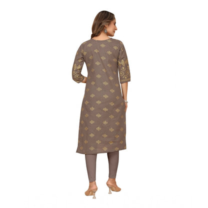 Generic Women's Casual 3/4th Sleeve Foil Gold Printed Ruby Cotton Kurti (Brown)