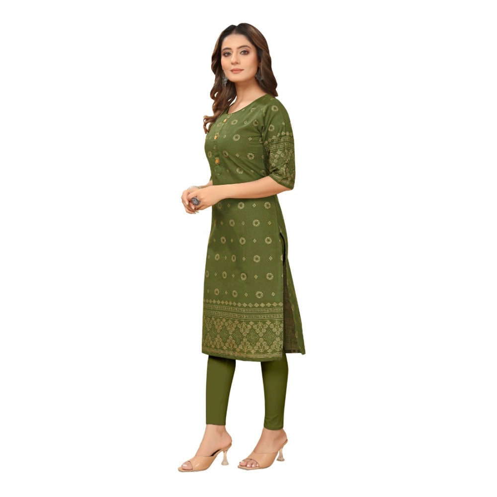 Generic Women's Casual 3/4th Sleeve Foil Gold Printed Ruby Cotton Kurti (Dark Green)