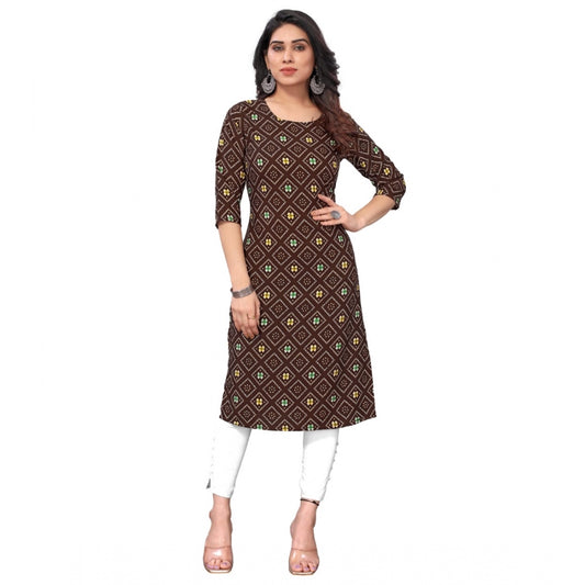 Generic Women's Casual 3/4th Sleeve Bandhani Printed Crepe Kurti (Brown)