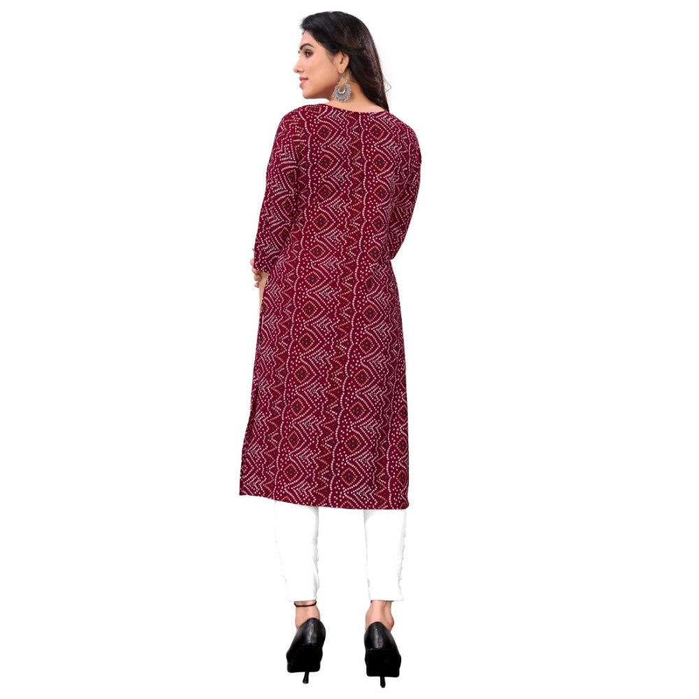 Generic Women's Casual 3/4th Sleeve Bandhani Printed Crepe Kurti (Maroon)