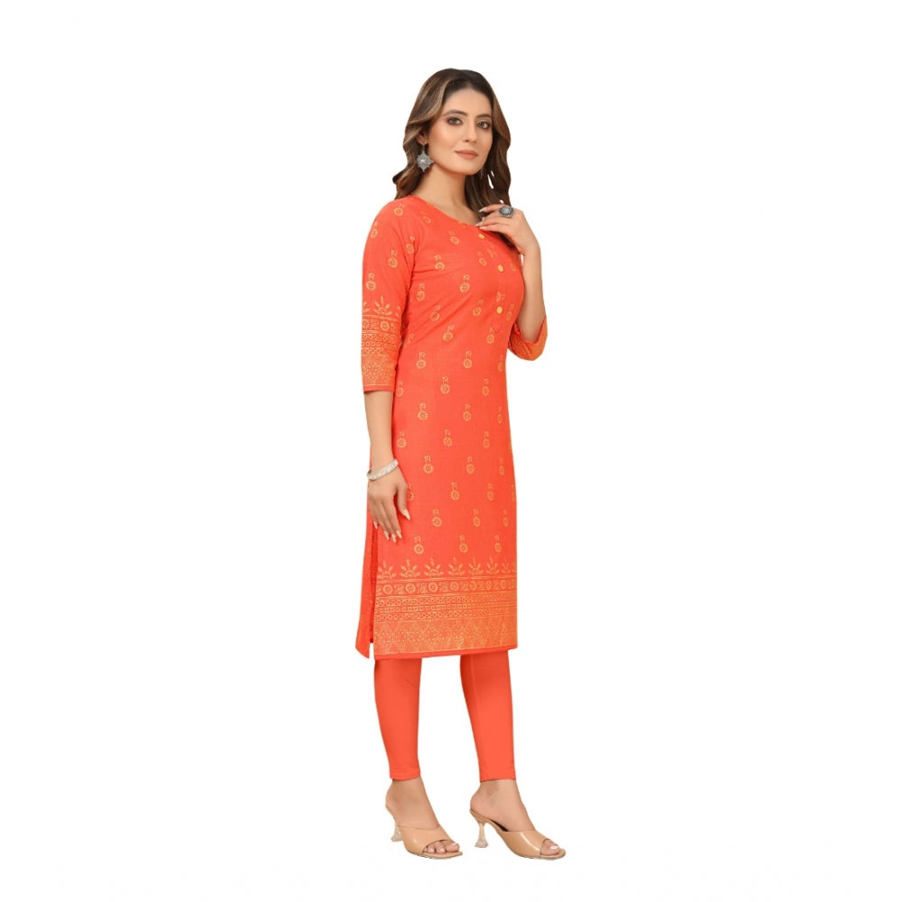 Generic Women's Casual 3/4th Sleeve Foil Gold Printed Ruby Cotton Kurti (Orange)