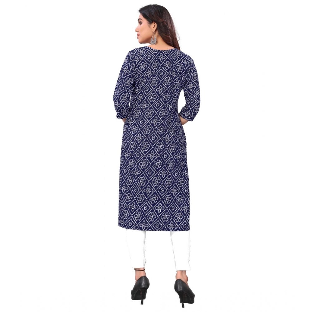 Generic Women's Casual 3/4th Sleeve Bandhani Printed Crepe Kurti (Navy Blue)