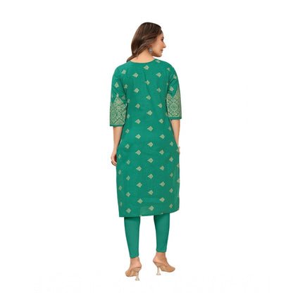 Generic Women's Casual 3/4th Sleeve Foil Gold Printed Ruby Cotton Kurti (Green)