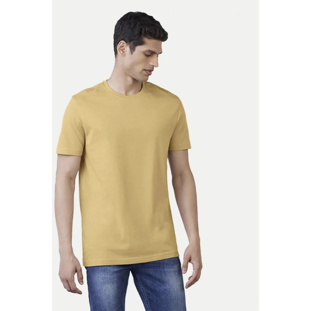 Generic Men's Casual Half sleeve Solid Polyester Crew Neck T-shirt (Sand)