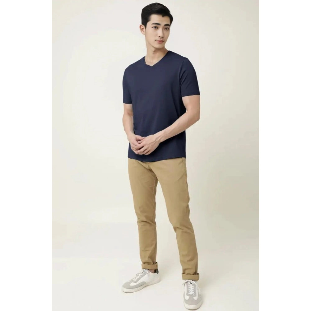 Generic Men's Casual Half sleeve Solid Cotton V Neck T-shirt (Navy)