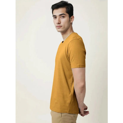 Generic Men's Casual Half sleeve Solid Cotton V Neck T-shirt (Mustard )