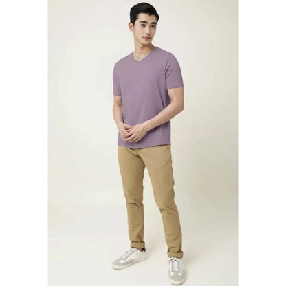 Generic Men's Casual Half sleeve Solid Cotton V Neck T-shirt (Lavender)