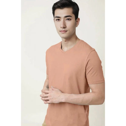 Generic Men's Casual Half sleeve Solid Cotton V Neck T-shirt (Peach)