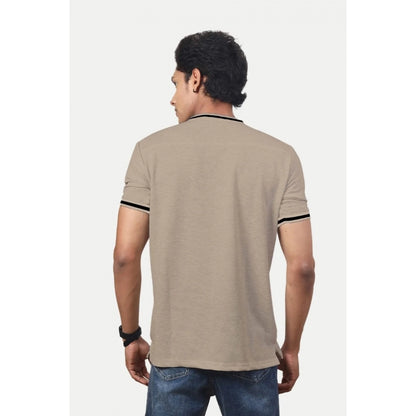 Generic Men's Casual Half sleeve Solid Polyester Crew Neck T-shirt (Beige)