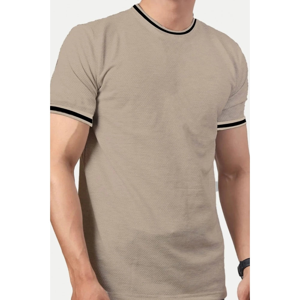 Generic Men's Casual Half sleeve Solid Polyester Crew Neck T-shirt (Beige)