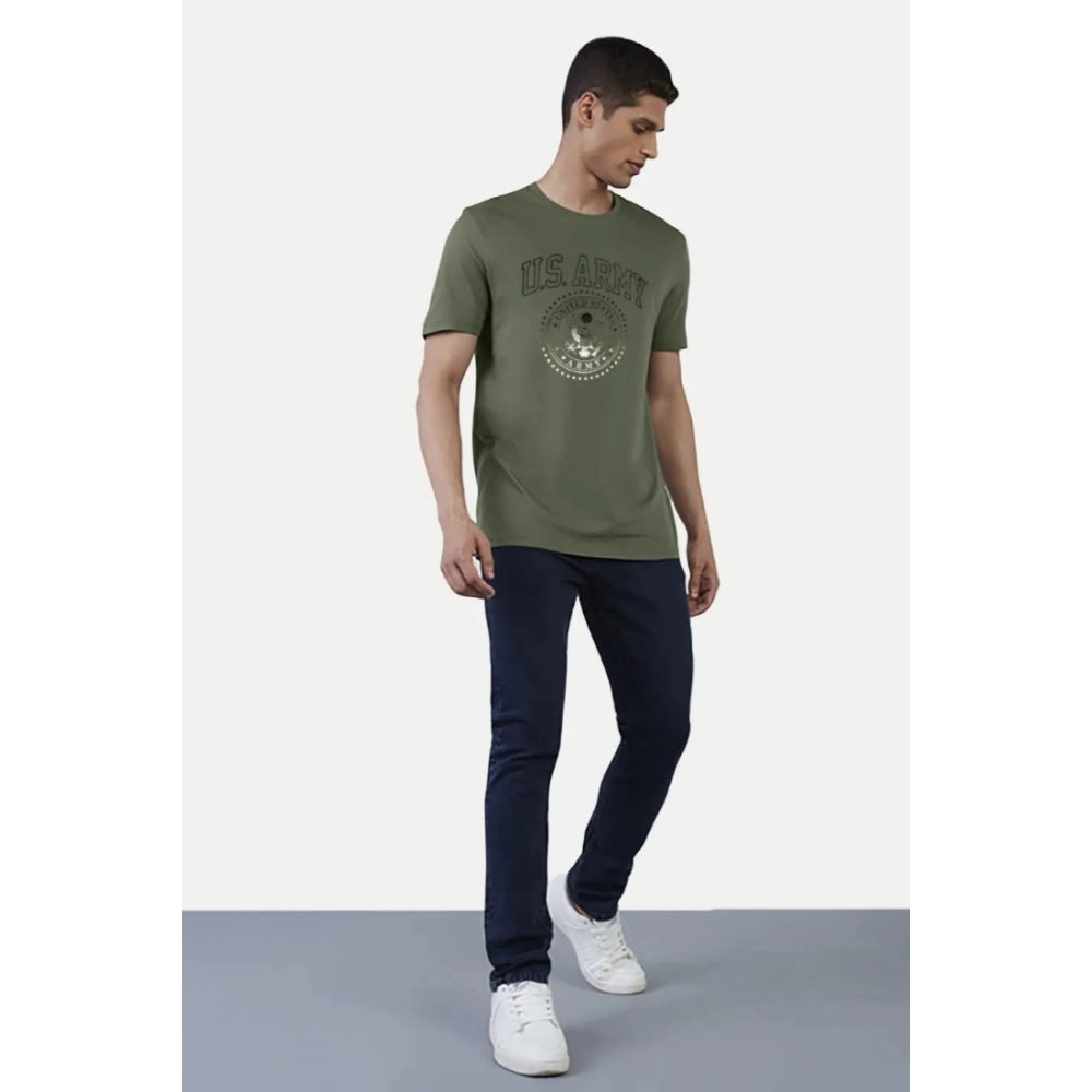 Generic Men's Casual Half sleeve Printed Cotton Crew Neck T-shirt (Military Green)