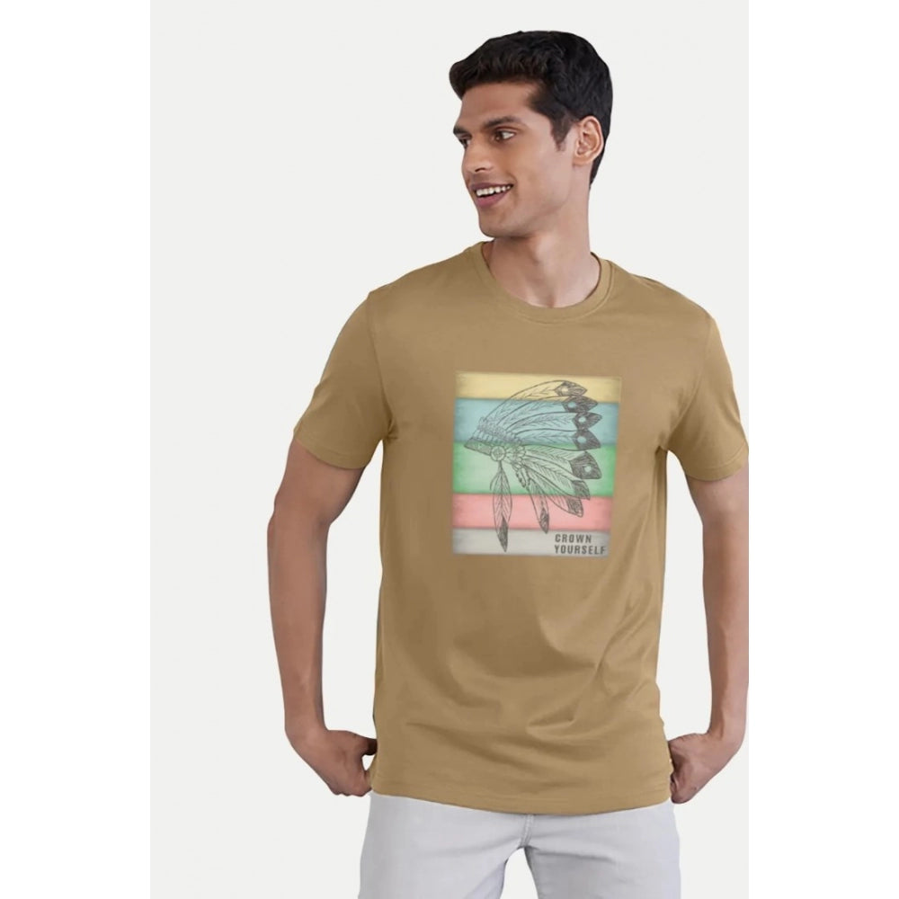 Generic Men's Casual Half sleeve Digital Printed Cotton Crew Neck T-shirt (Sand)