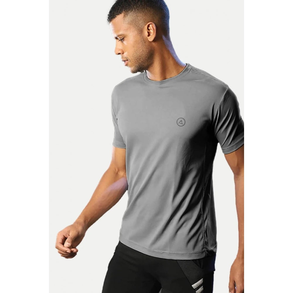 Generic Men's Casual Half sleeve Solid Polyester Crew Neck T-shirt (Grey)