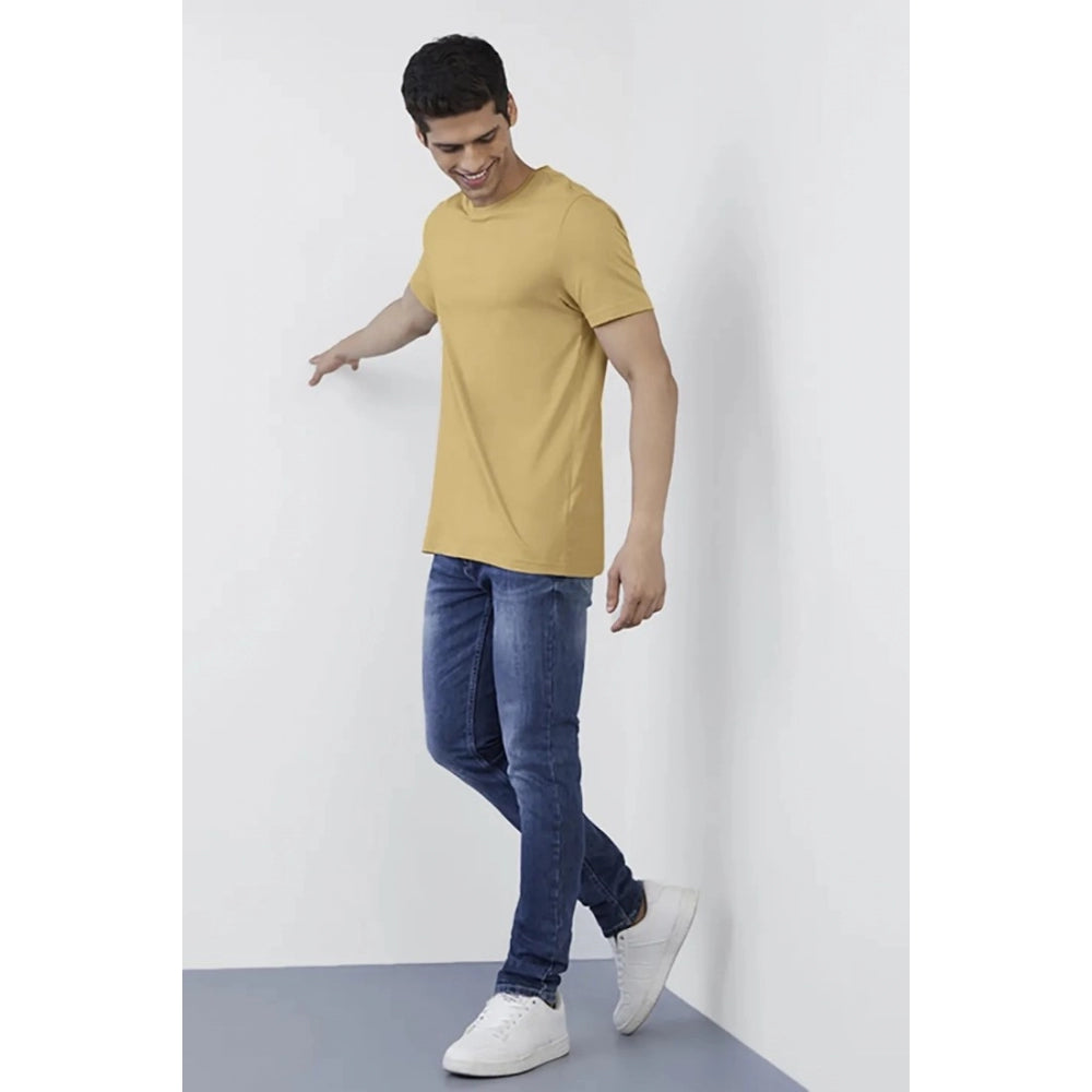 Generic Men's Casual Half sleeve Solid Polyester Crew Neck T-shirt (Sand)