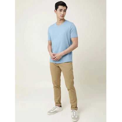 Generic Men's Casual Half sleeve Solid Cotton V Neck T-shirt (Sky)