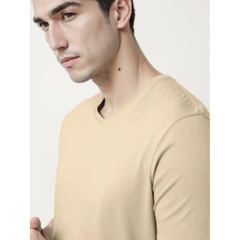 Generic Men's Casual Half sleeve Solid Cotton V Neck T-shirt (Beige)