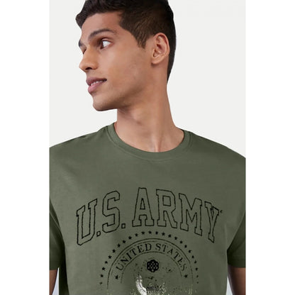 Generic Men's Casual Half sleeve Printed Cotton Crew Neck T-shirt (Military Green)