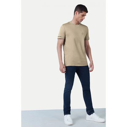 Generic Men's Casual Half sleeve Solid Polyester Crew Neck T-shirt (Beige)