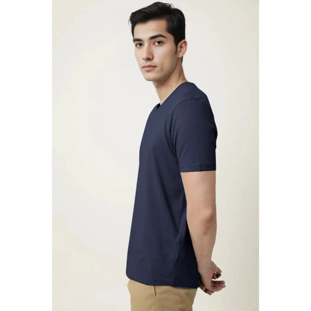 Generic Men's Casual Half sleeve Solid Cotton V Neck T-shirt (Navy)