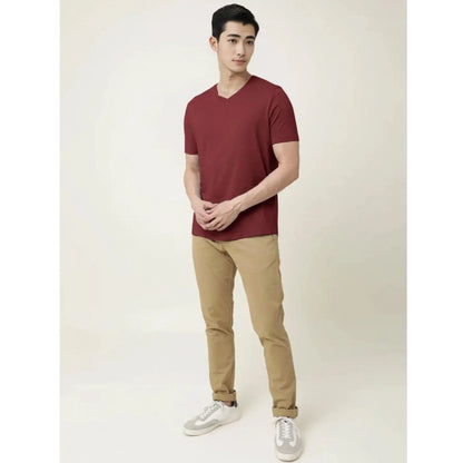 Generic Men's Casual Half sleeve Solid Cotton V Neck T-shirt (Maroon)