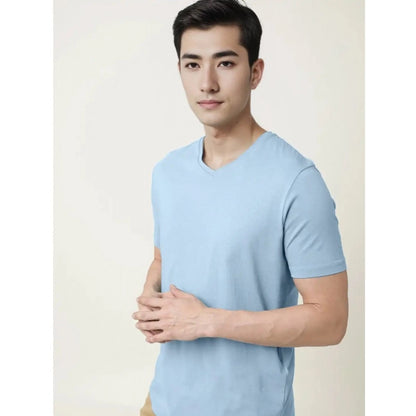 Generic Men's Casual Half sleeve Solid Cotton V Neck T-shirt (Sky)