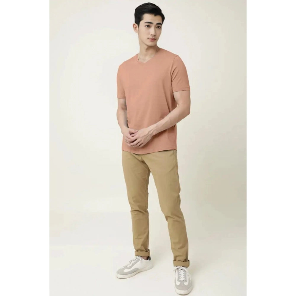 Generic Men's Casual Half sleeve Solid Cotton V Neck T-shirt (Peach)