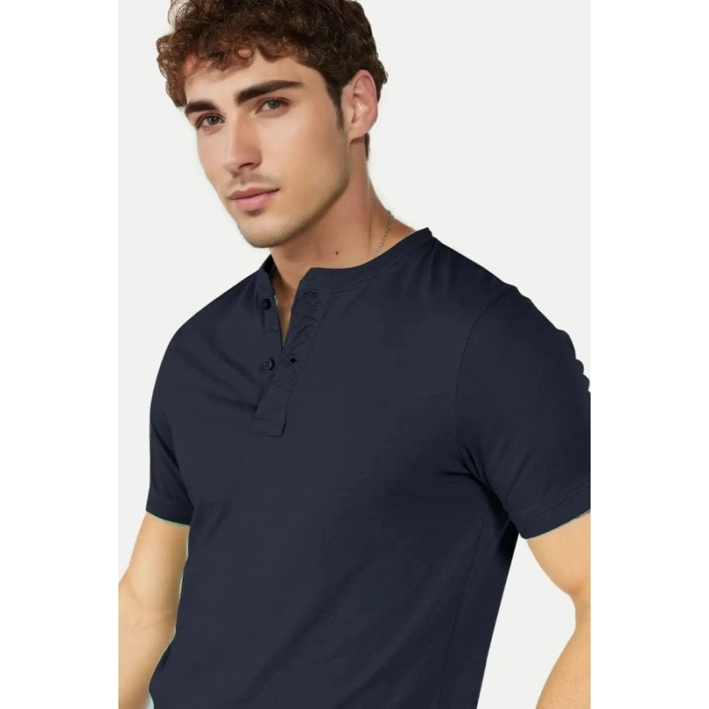 Generic Men's Casual Half sleeve Solid Cotton Henley Neck T-shirt (Airforce)