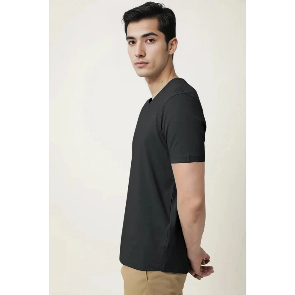 Generic Men's Casual Half sleeve Solid Cotton V Neck T-shirt (Black)