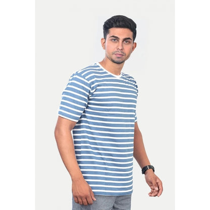 Generic Men's Casual Half sleeve Stripped Cotton Crew Neck T-shirt (Blue)