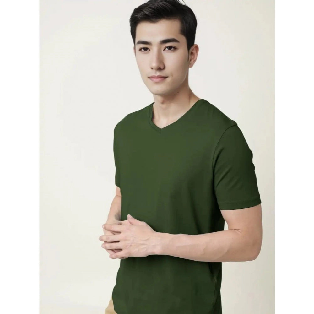 Generic Men's Casual Half sleeve Solid Cotton V Neck T-shirt (Olive)