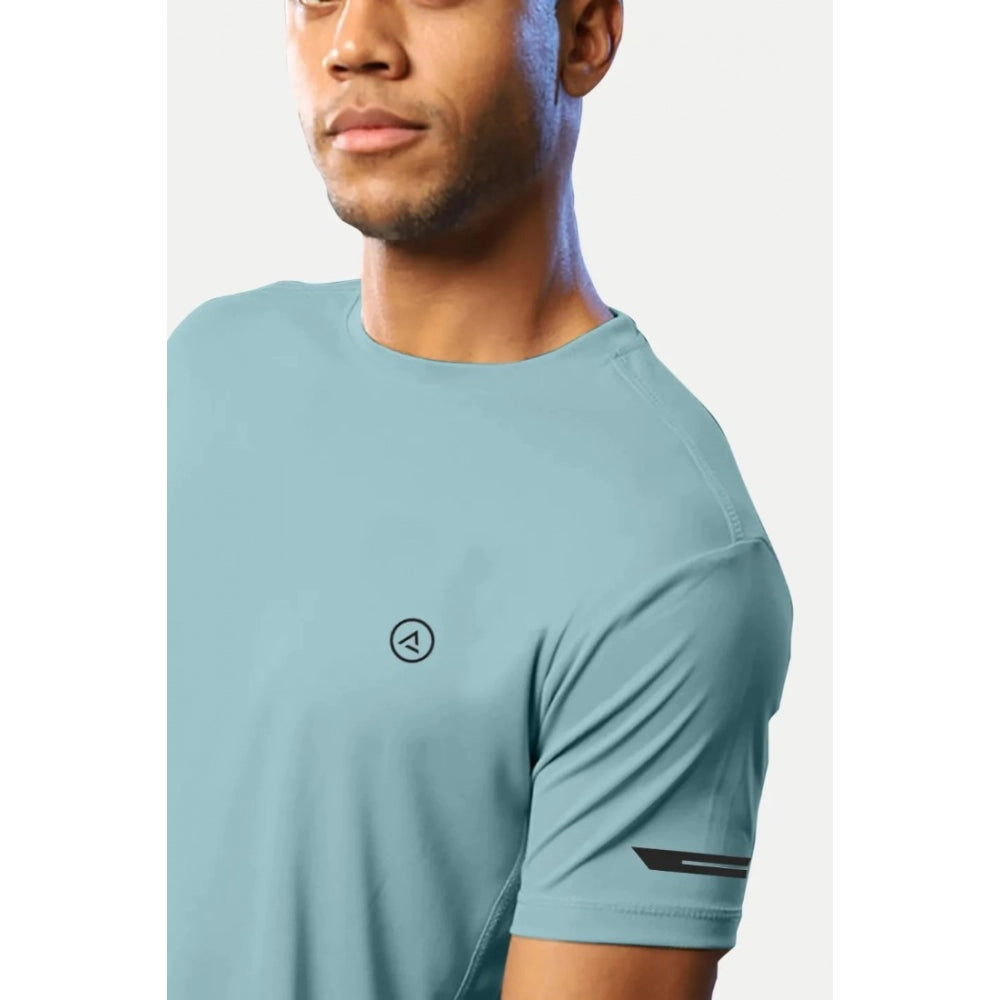 Generic Men's Casual Half sleeve Solid Polyester Crew Neck T-shirt (Turquoise Blue)