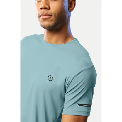 Generic Men's Casual Half sleeve Solid Polyester Crew Neck T-shirt (Turquoise Blue)