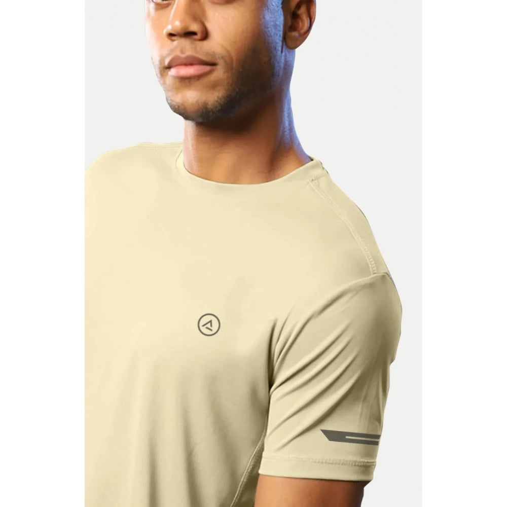 Generic Men's Casual Half sleeve Solid Polyester Crew Neck T-shirt (Sand)