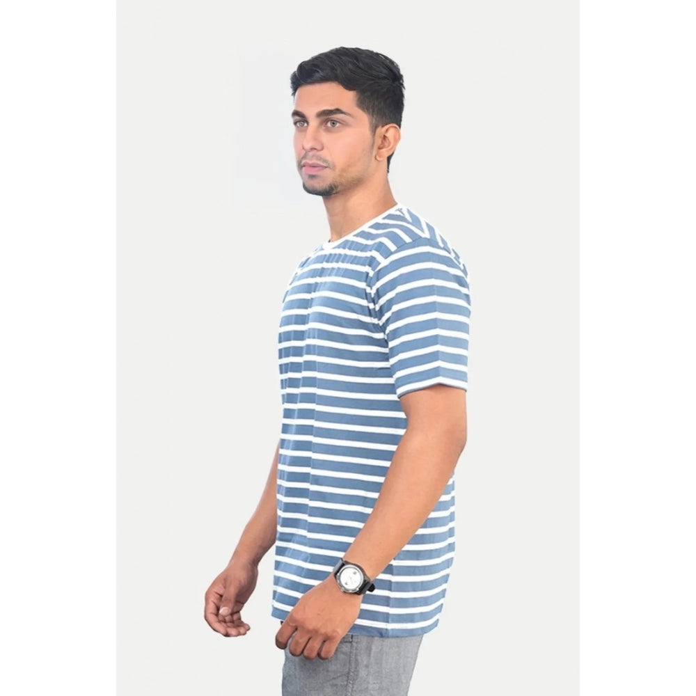 Generic Men's Casual Half sleeve Stripped Cotton Crew Neck T-shirt (Blue)