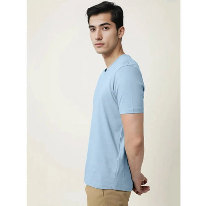 Generic Men's Casual Half sleeve Solid Cotton V Neck T-shirt (Sky)