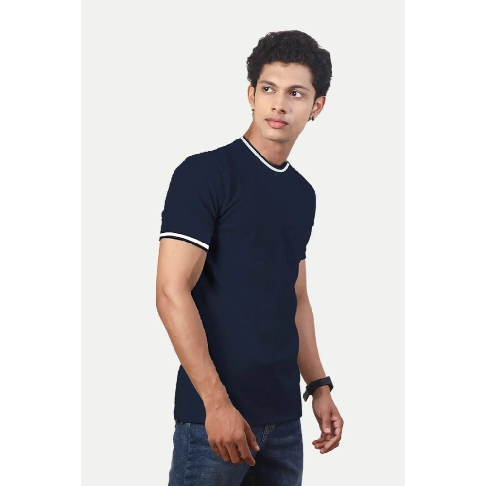 Generic Men's Casual Half sleeve Solid Polyester Crew Neck T-shirt (Navy)