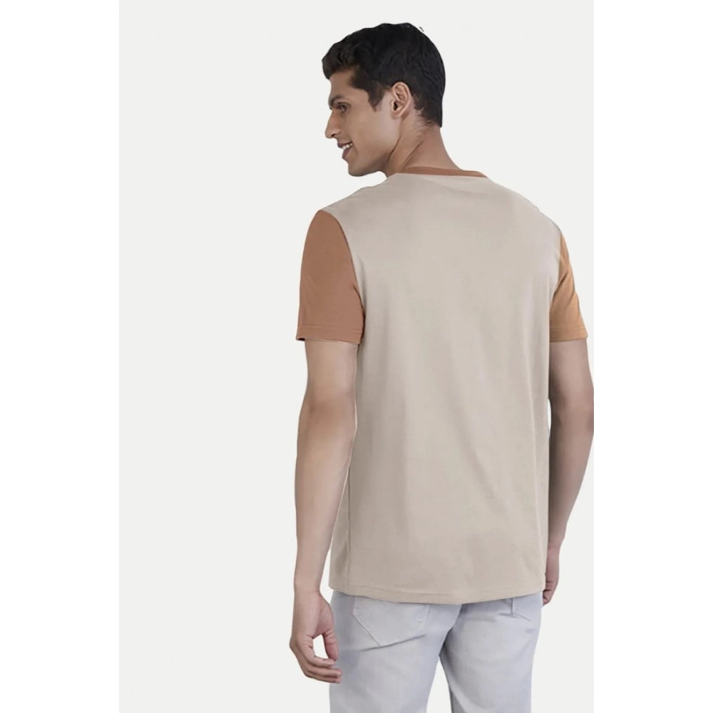 Generic Men's Casual Half sleeve Printed Cotton Crew Neck T-shirt (Cream)