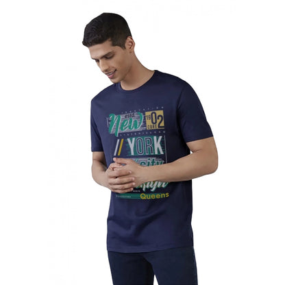 Generic Men's Casual Half sleeve Printed Polyester Crew Neck T-shirt (Navy)