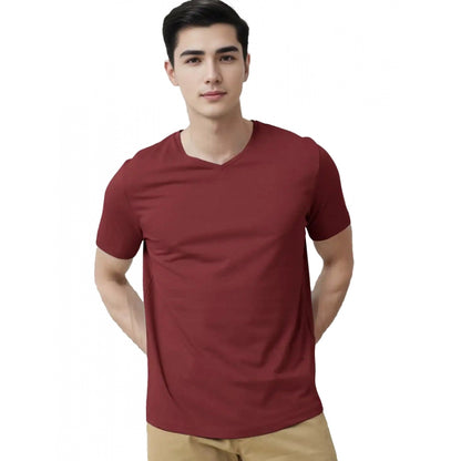 Generic Men's Casual Half sleeve Solid Cotton V Neck T-shirt (Maroon)