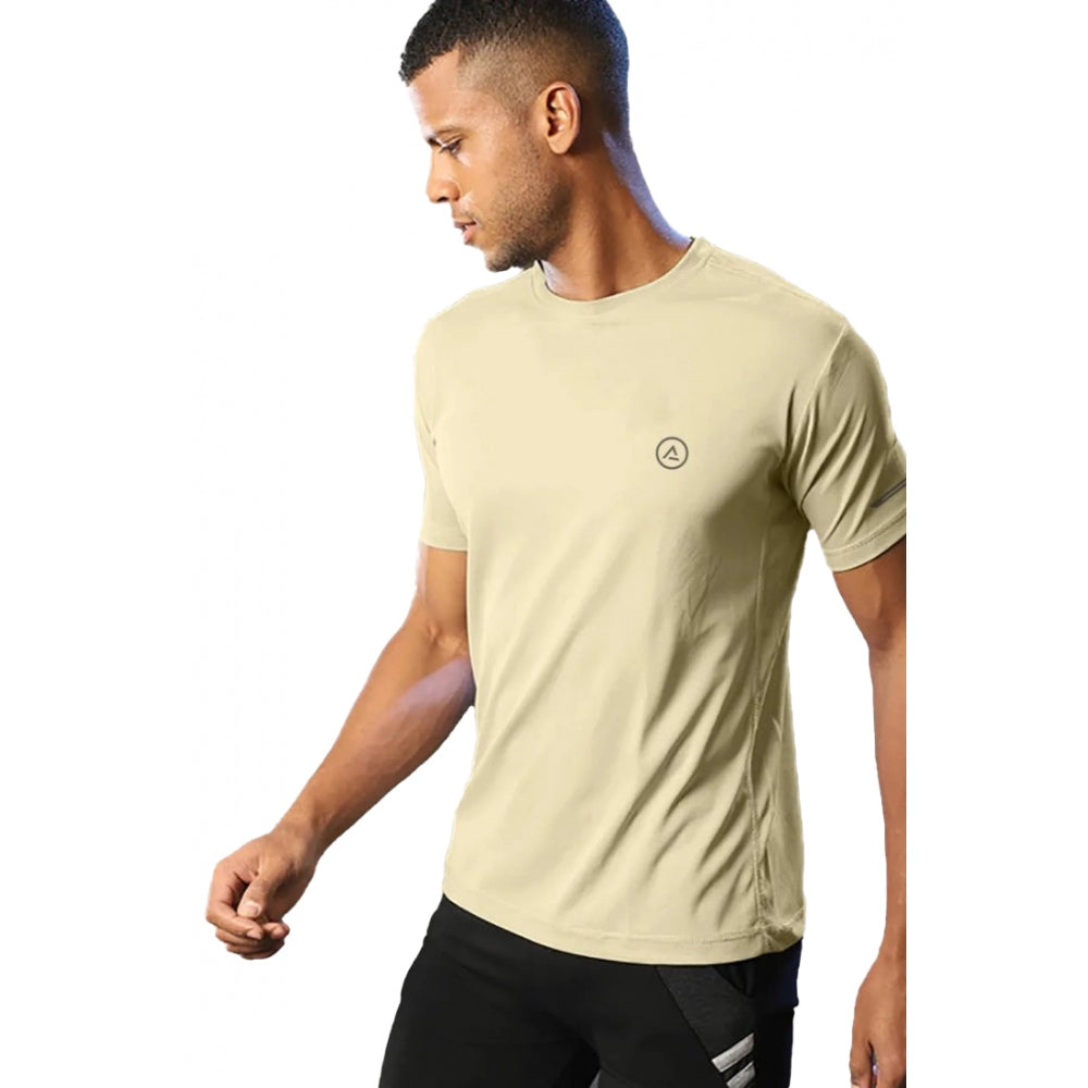 Generic Men's Casual Half sleeve Solid Polyester Crew Neck T-shirt (Sand)