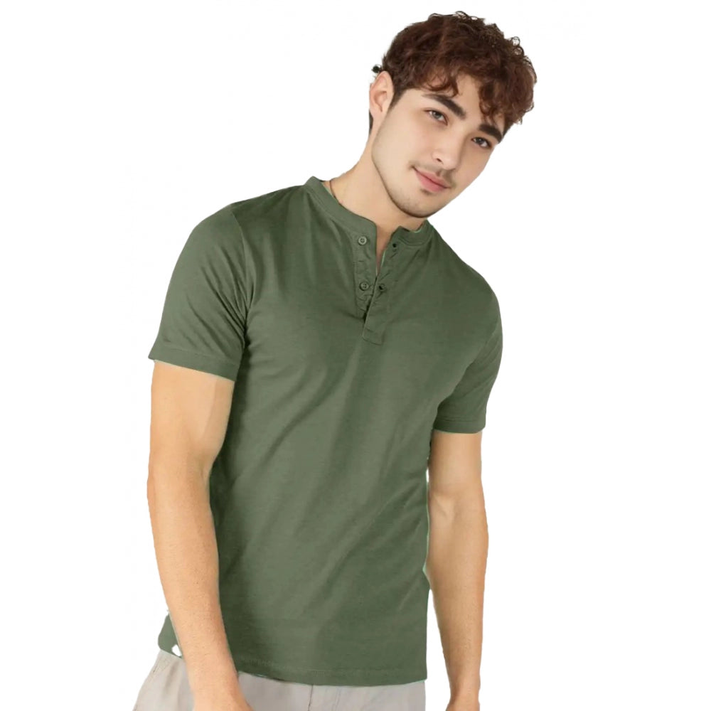 Generic Men's Casual Half sleeve Solid Cotton Henley Neck T-shirt (Olive)