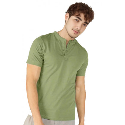 Generic Men's Casual Half sleeve Solid Cotton Henley Neck T-shirt (Pista)