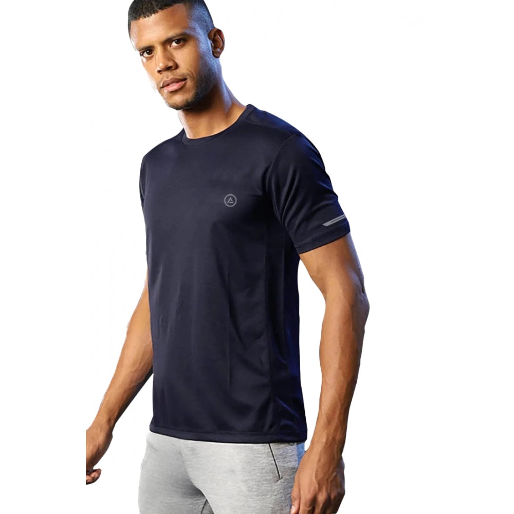 Generic Men's Casual Half sleeve Solid Polyester Crew Neck T-shirt (Navy)